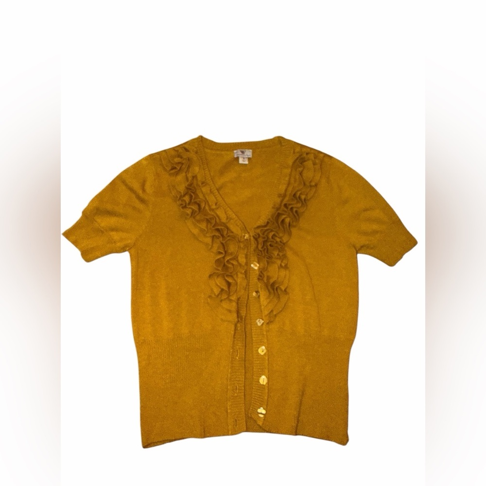 Worthington Chartreuse Ruffle Button-Up Cardigan | Short Sleeve | Size Small